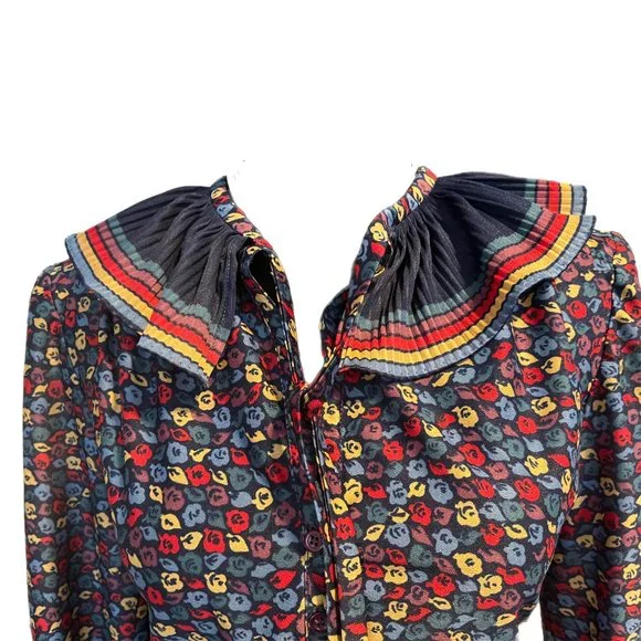 1960s colorful abstract pattern blouse with striped frill collar - Picture 3 of 8